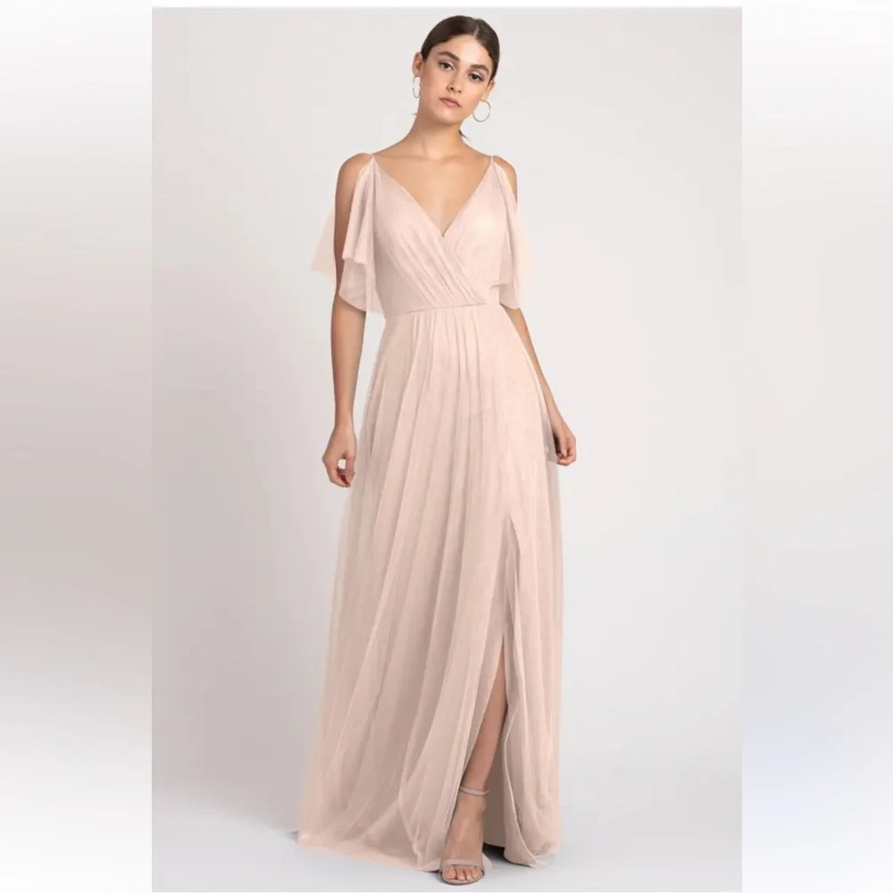 Jenny Yoo Mallory Aeryn Blush Pink Flutter Sleeve Tulle Long Dress Gown 4